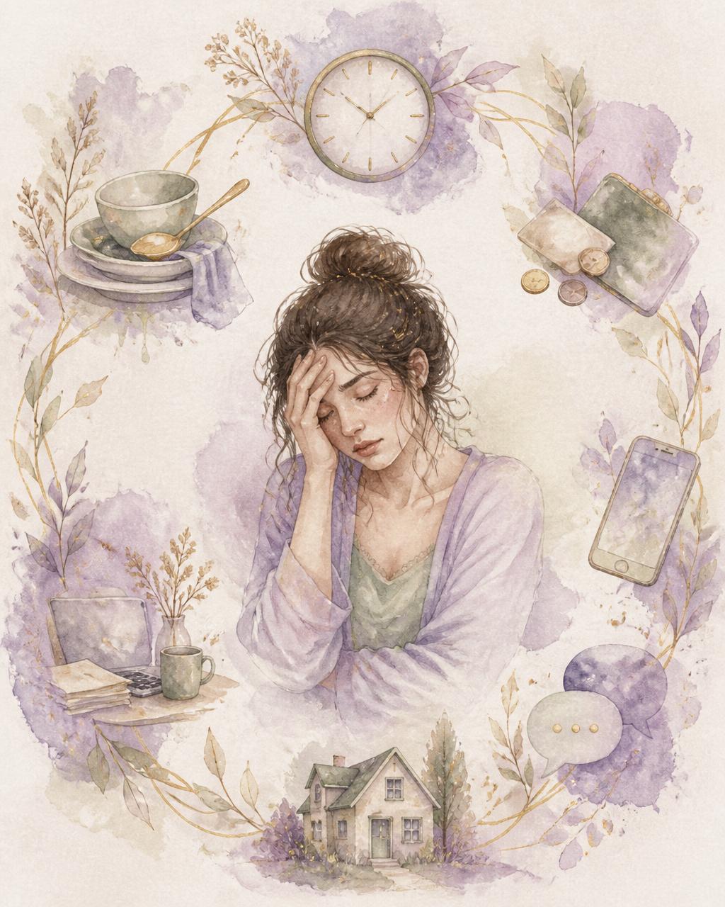 Ilustração de uma mulher cercada por um ciclo de frustrações do dia a dia em aquarela lilás e dourada