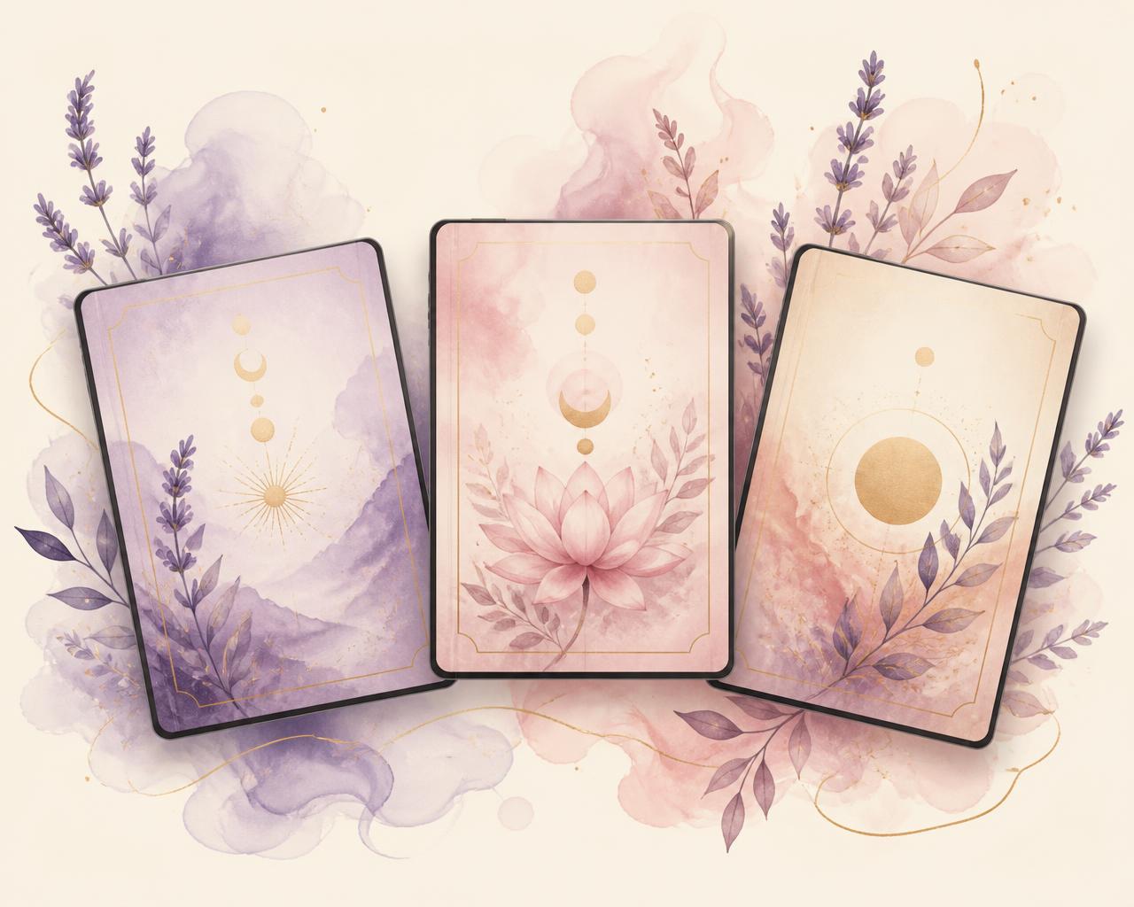 Ilustração dos três e-books do combo em aquarela lilás e dourada